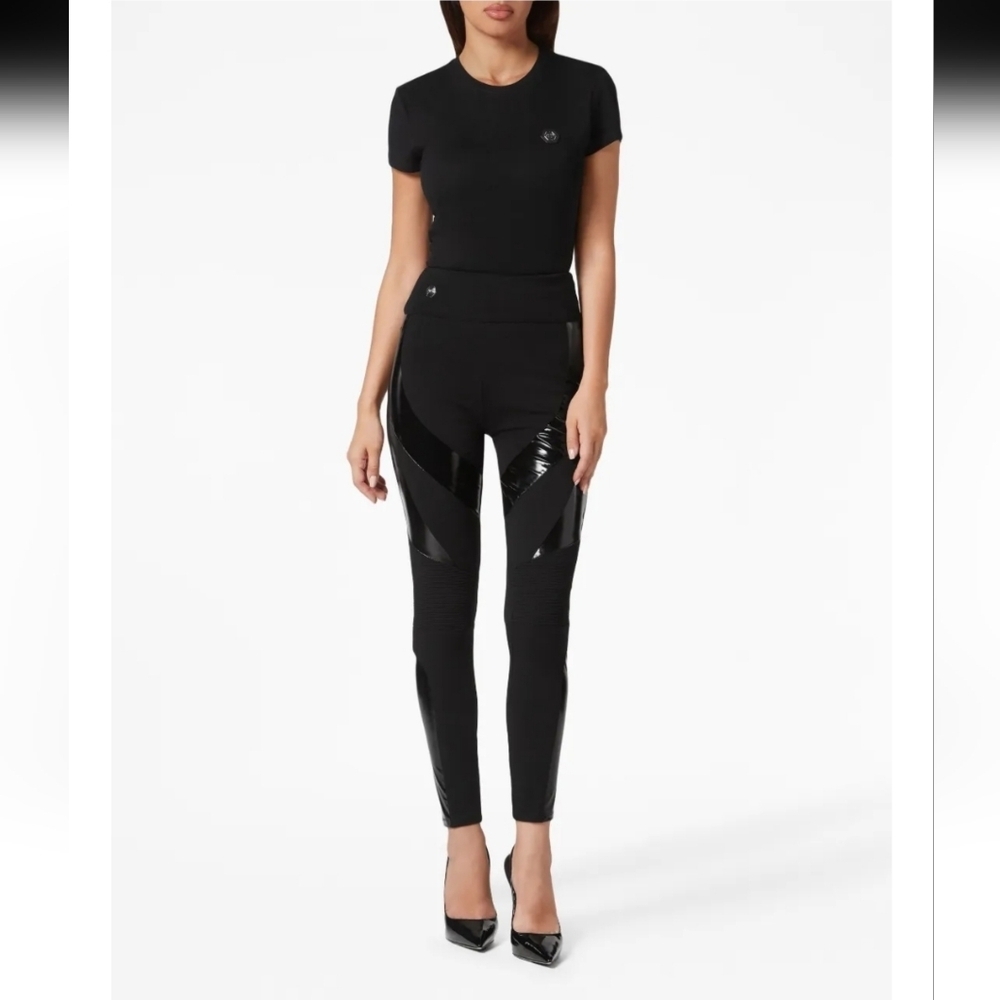 philipp plein Women's Logo Patch High Waist Black Leggings Xs RTLS $430
